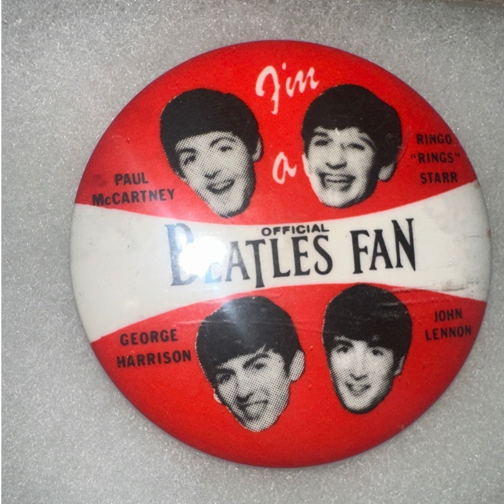 Vintage Official Beatles Fan Pinback Button 1960s Memorabilia Red White Pin